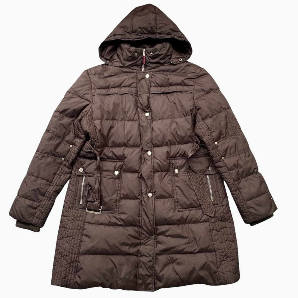 Tommy Hilfiger Puffer Coat Women XL Brown Belted Hooded Mid Length Zip Parka